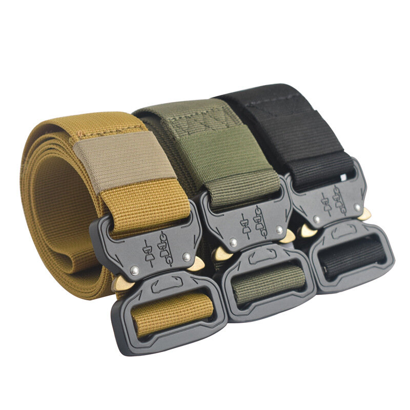 Cinturón de lona del ejército para hombres, cinturones tácticos de diseñador para pantalones vaqueros, nailon elástico, cinturón ancho de 3,8 CM, cinturón de cintura con hebilla de Metal negro