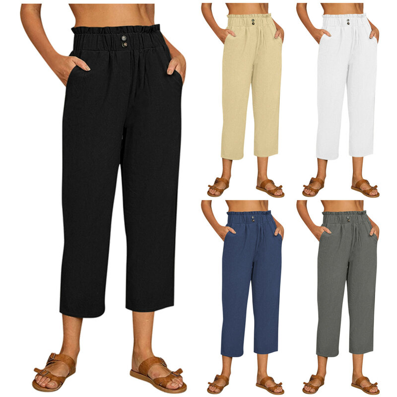 Pantalones bombachos de algodón y lino para mujer, pantalón de cintura elástica, color blanco y negro, suave, alta calidad, primavera y verano