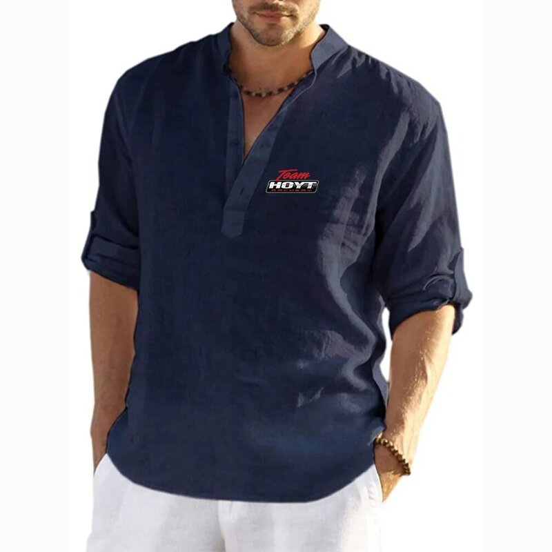 Masculino casual respirável decote em v algodão linho manga longa tops, arco quente, impressão requintada, monocromática, primavera e verão