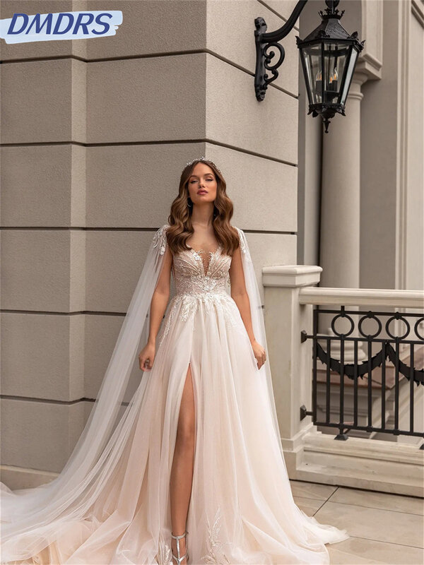 فستان زفاف مثير برقبة v عميقة ، حزام سباغيتي ، رومانسي على شكل حرف A-line ، طول الأرضية ، فساتين زفاف ، بسيط ، من من من الخارج