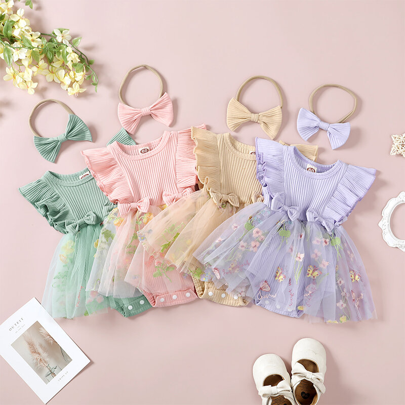 Visogo-ノースリーブの女の子のロンパース、花の刺,、チュールのスカート裾、幼児のボディスーツ、ヘッドバンド付きの夏の服