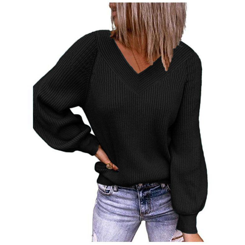 Вязаный свитер большого размера с V-образным вырезом и рукавами-фонариками