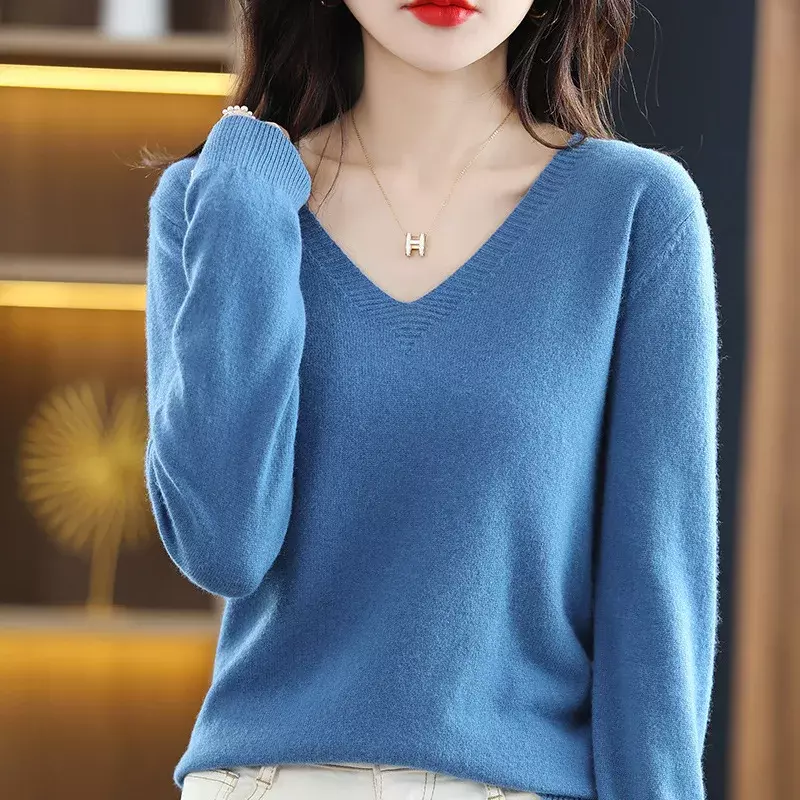 Herfst Winter Dames Trui 2024 Koreaanse Mode Gebreide Warme Lange Mouw V-Hals Gebreide Pullovers Slim Fit Shirt Trui