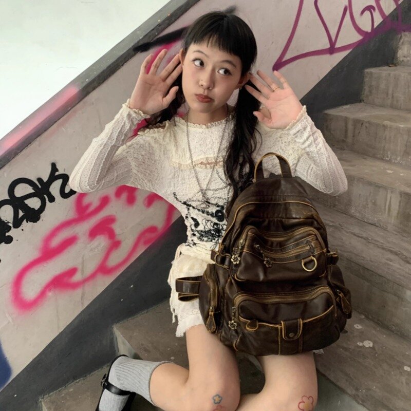 Xiuya กระเป๋าเป้สะพายหลังของผู้หญิง Y2k วินเทจสีน้ำตาลความจุขนาดใหญ่ลำลองผู้ชายหนังกระเป๋าแฟชั่นสตรีนักออกแบบกระเป๋าเป้สะพายหลังสำหรับเดินทาง