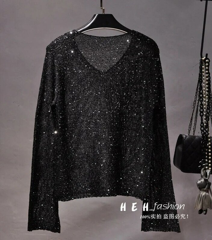 Женская одежда 2024, корейская мода, блестки, v-образный вырез, большой рукав-труба, вырез, светильник, Шелковый вязаный свитер, пальто из листового металла
