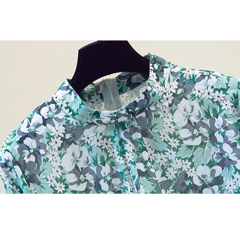 Модная блузка с воротником-стойкой и цветочным принтом, Новинка осени 2024, Корейская шифоновая блузка, рубашка с длинными рукавами-фонариками, свободная одежда 28508