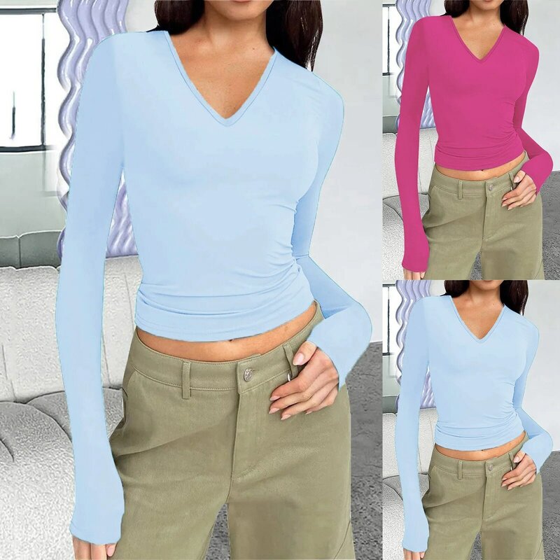 Women's Casual Solid Color V-Neck Long Sleeve Top Costume 2024 Fashionable Slim Fit Tight Fitting T Shirt Clothes For Women