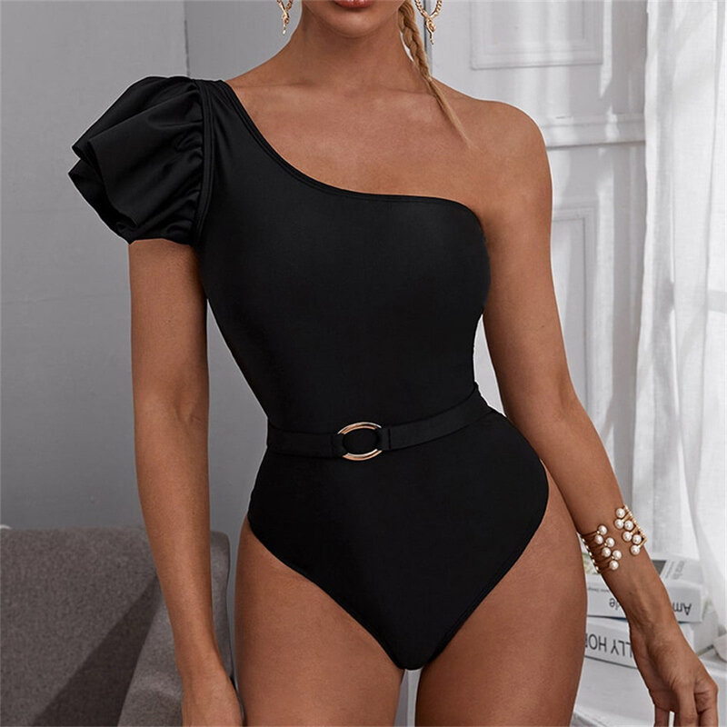 Puff ärmel Bikini hohe Taille Ein-Schulter-Badeanzug schwarz Monokini elegante Frauen sexy Bade bekleidung einteilige Strand kleidung Badeanzug