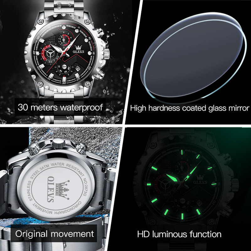 OLEVS-Relógio Masculino Impermeável de Aço Inoxidável, Quartzo, Cronógrafo, Esportes, Luxo, Marca Top