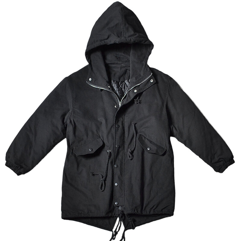 Windbreaker Drawstring Coats Mens Harajuku Techwear Hooded Parkas Jacket Thick Solid Winter Jacket Black Outwear