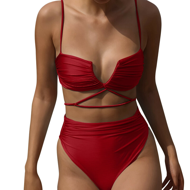 Bikini con abertura para mujer, traje de baño Sexy con sujetador sin almohadilla de acero, ropa femenina 2024