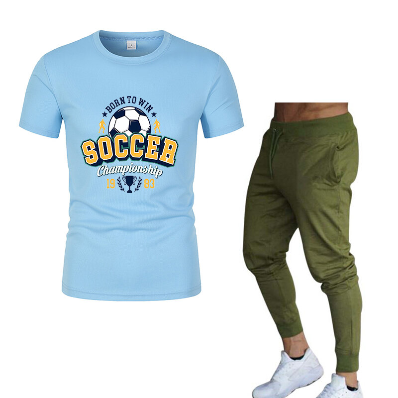 Camiseta de manga curta estampada em letras e calças de jogging com cordão masculino, esportes casuais, calças regulares, primavera, verão, 2 peças