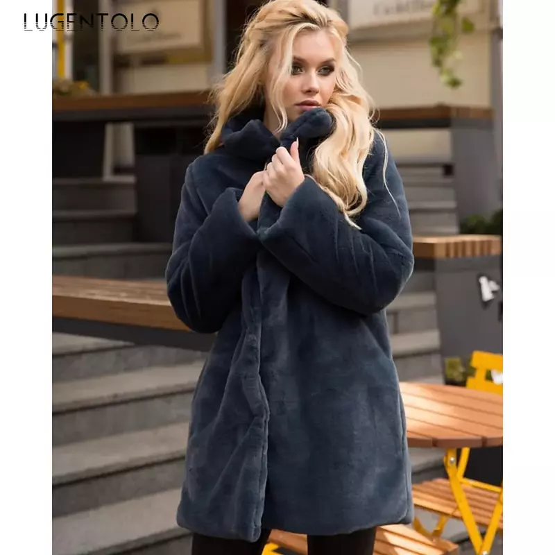 Lugentolo-Casaco quente de pele sintética para inverno feminino, jaqueta simples de conforto sólido, casaco solto casual senhora, novo pano de moda de rua, 2023