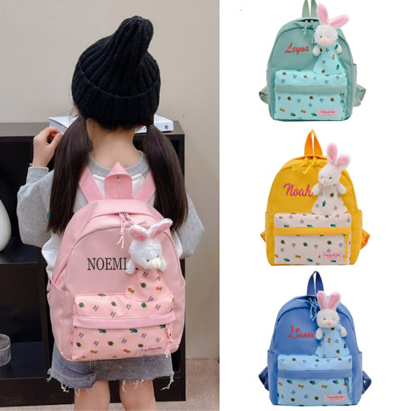 유치원 학교 가방, 맞춤형 만화 귀여운 작은 토끼 소년 소녀 백팩, 자수 이름 공주 배낭, 신제품