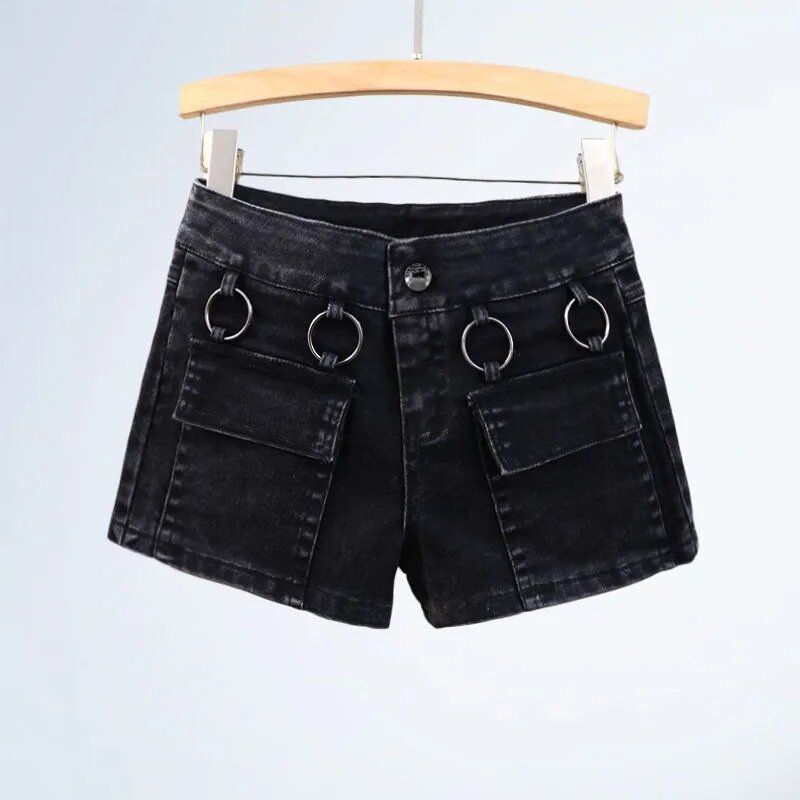 Calção jeans preta feminina, de cintura baixa coreana, fina, elástica, calça quente, branca, feminina, casual, curta, primavera, verão, novo, 2021