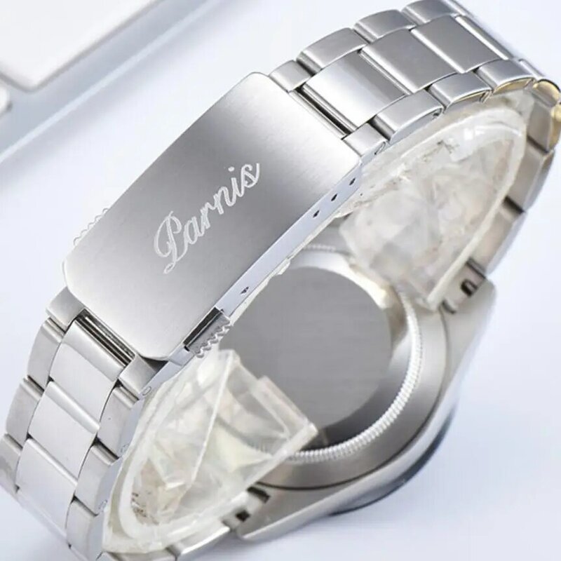 PARNIS-reloj analógico de acero inoxidable para hombre, accesorio de pulsera de cuarzo resistente al agua con cronógrafo, complemento masculino de marca de lujo con esfera cerámica y cristal de zafiro, 39mm