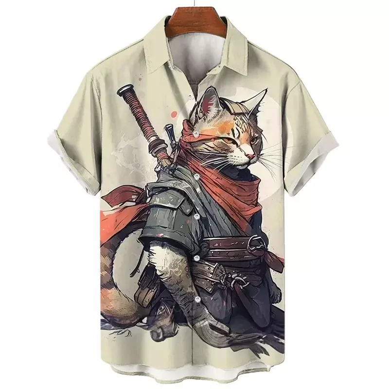 Mode Heren Hawaiian Shirts 3d Print Japanse Camurai Cat Casual Shirts Voor Heren Zomer Korte Mouw T-Shirt Tops Aloha Shirts
