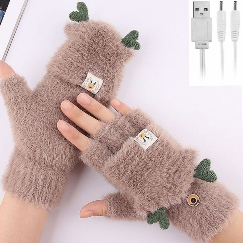 Women Men USB Powered Fingerless Heated Gloves Washable Knitted Stripes Computer Convertible Mittens Winter Outdoor Hand Warmer