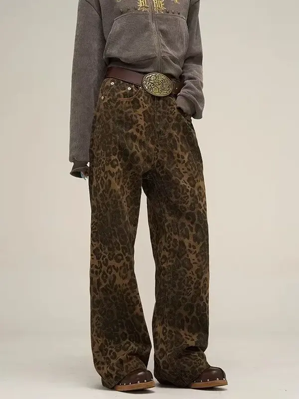 Jean baggy taille haute pour femme, pantalon en denim décontracté, jambe large rétro, surintendant ser, esthétique Harajuku, imprimé léopard, printemps 2024