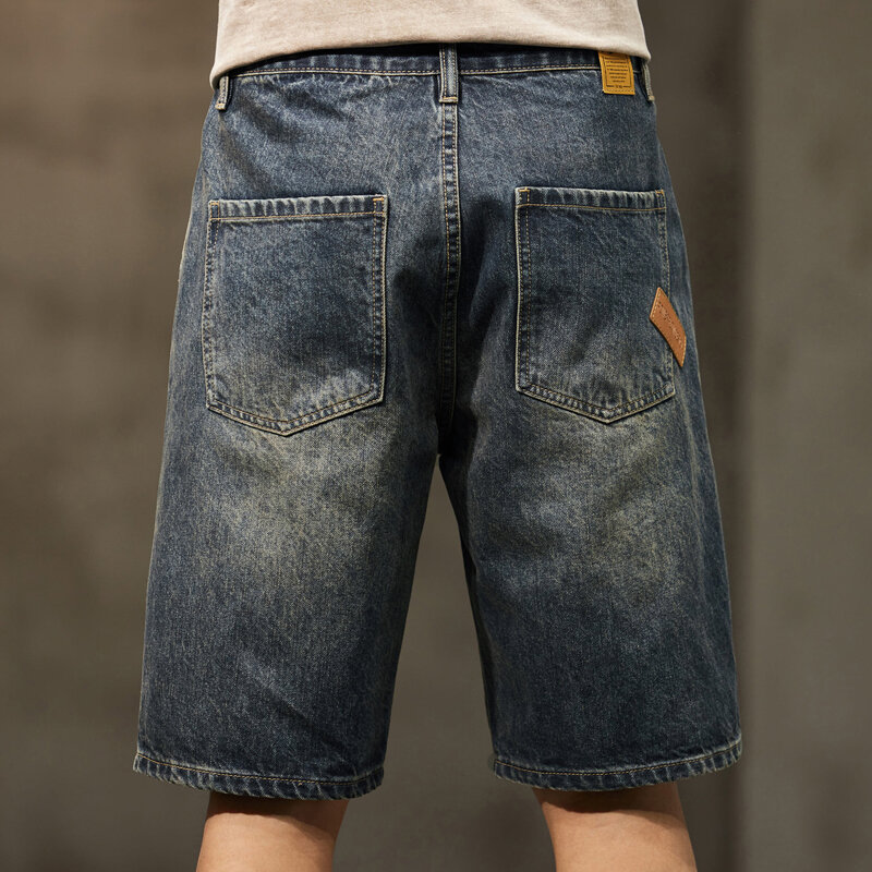 2024 Summer Denim Shorts Men Jeans Dark Blue Men's Shorts Jeans Oversized 42 Straight Cut Loose Fit Fashion Pockets Streetwear