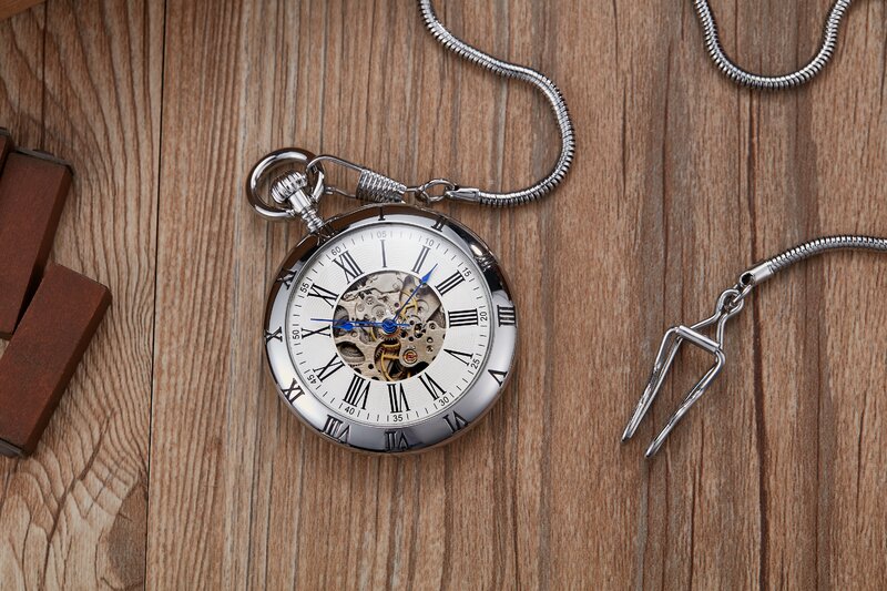 นาฬิกาทรงกระเป๋าแบบกลไกอัตโนมัติสำหรับผู้ชายและผู้หญิงที่มีจี้รูปเลขโรมันสีทอง/เงินแบบย้อนยุค