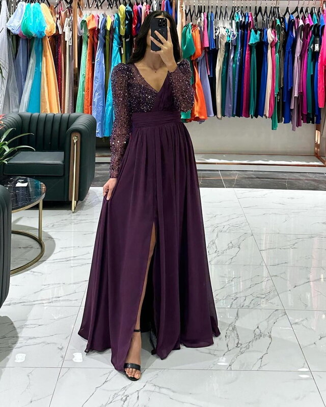 Suknia wieczorowa z epoki فساتين السهرة Dubai elegancka koronka dekolt w szpic z długim rękawem i wysokim rozcięciem suknia wieczorowa dla seksownych kobiet 2024