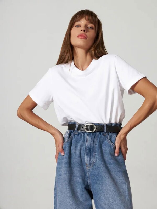 Bornladies-Camiseta solta de manga curta feminina, tops sólidos básicos, camisas de assentamento elegantes, 100% algodão, 230g/㎡, verão