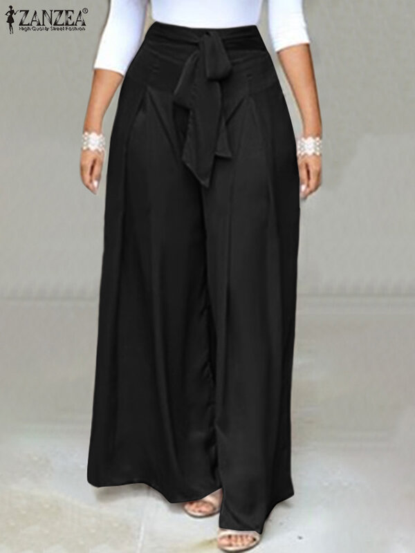 Celana Kerja Solid Pinggang Tinggi Elegan Celana Panjang Kaki Lebar Longgar Wanita Musim Panas Mode ZANZEA Celana Pantalon Panjang Dasi Kupu-kupu Ukuran Besar
