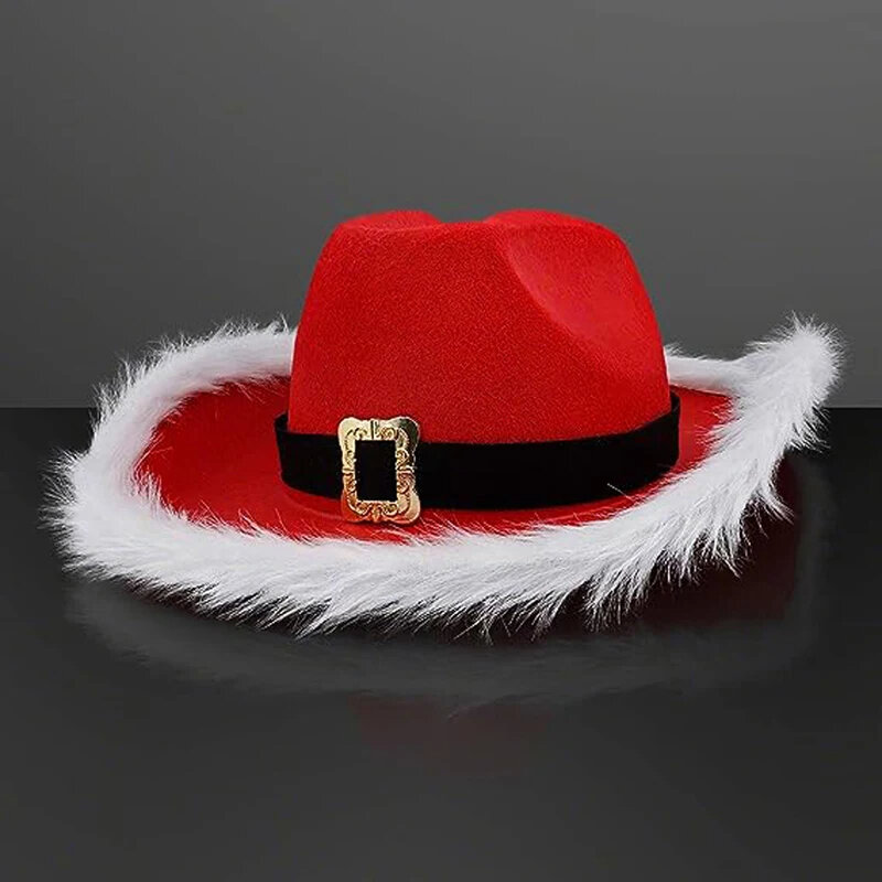 Santa Claus Cowboy Hat Cosplay Set, Fantasia de Natal, Cinto, Óculos Dourados, Barba, Luvas, 5 pcs