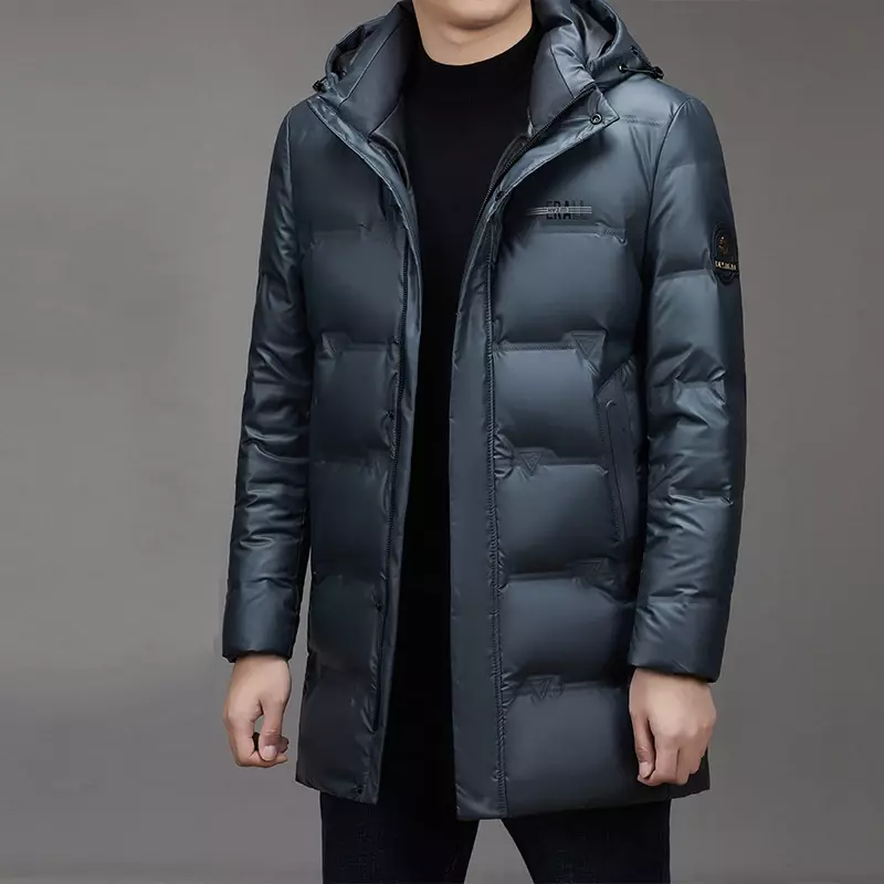 Chaqueta de plumón de cuero para hombre, chaqueta informal de longitud media con capucha desmontable, novedad de 2023