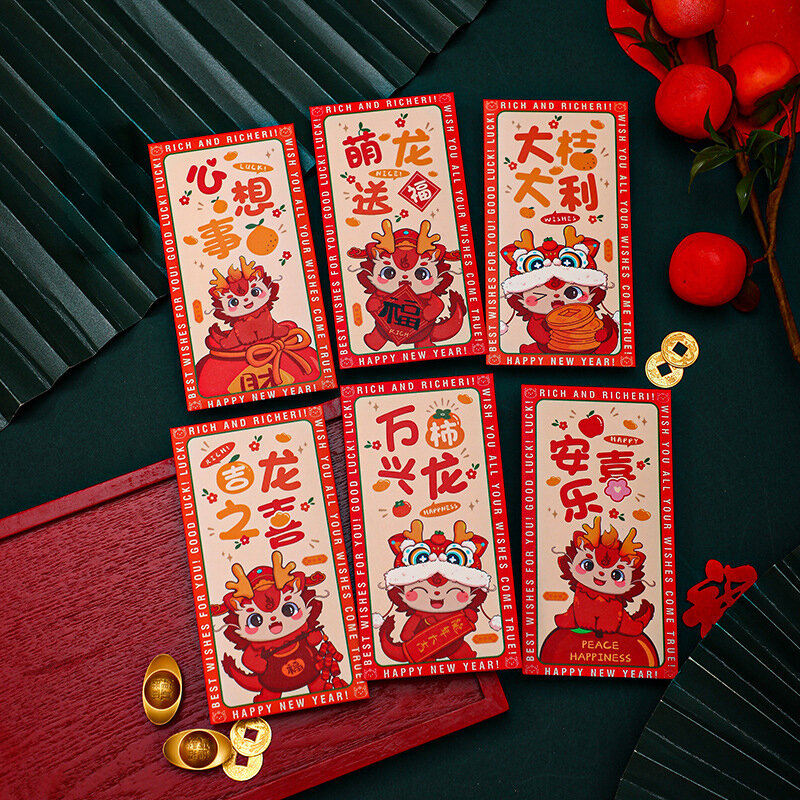 6PCS Chinese New Year Lucky Red Envelope Symbol Of Dragon Years 2024 Money Pocket Envelopes Dragons Pockets Party Supplies