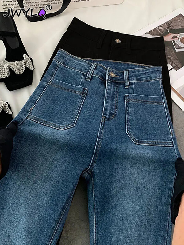 Chic Bolso Streetwear Flare Jeans 2023 Simples Cintura Alta Slim Denim Calças Primavera Outono Soltas Retas Mulher Vaqueros
