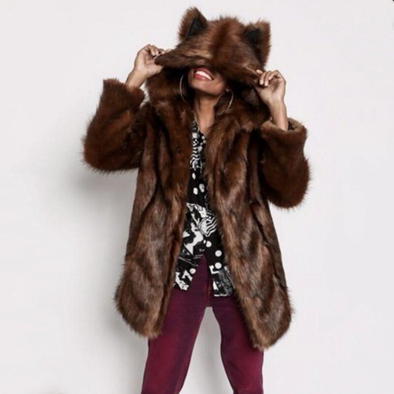 Autumn and Winter Fur Coat Women's Long Faux Fur Coat Fox Fur Collar Rabbit Fur Coat
