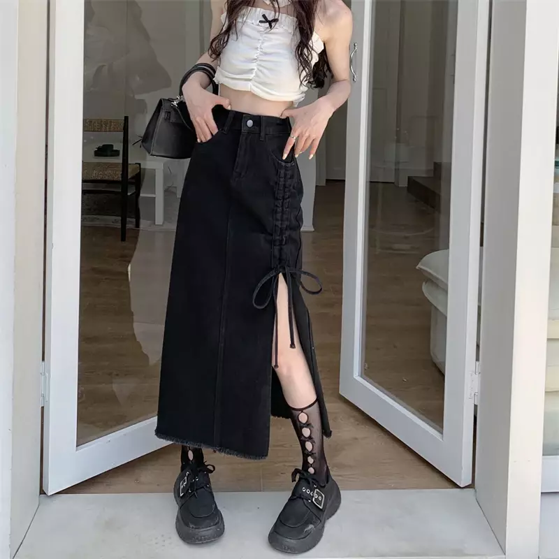 Женская длинная джинсовая юбка с рюшами, черная готическая юбка с разрезом и высокой талией, Повседневная Уличная одежда, лето L529