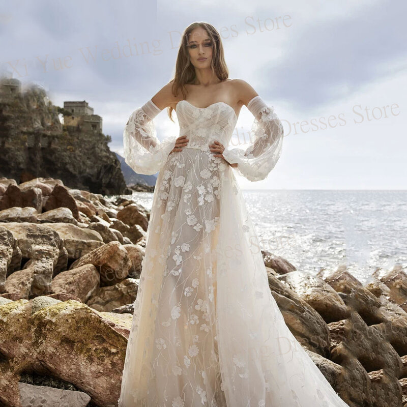 Exquisite A-Line Strapless Wedding Dresses Lace Appliques Flower Backless Bride Gowns Puff Sleeve Vestido Elegante Feminino Luxo