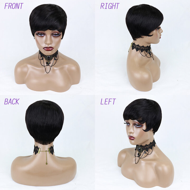Pelucas de cabello humano para mujeres negras, pelo corto recto con corte Pixie, hecho a máquina con flequillo, barato, sin pegamento, Color Natural