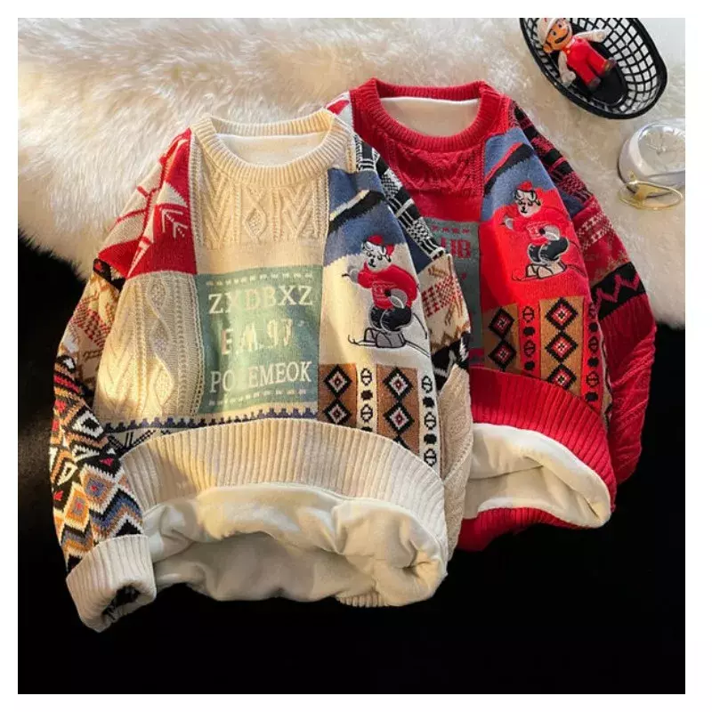Christmas Sweater Men's Winter Plush Thickened Warm Knit Shirt American Loose Fashion Couple costume Sweater