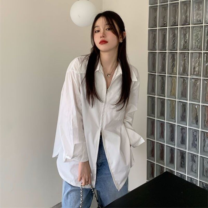 Pphome-camisa holgada de manga larga, camisa de Color sólido, diseño de cremallera bidireccional, Retro, moda coreana