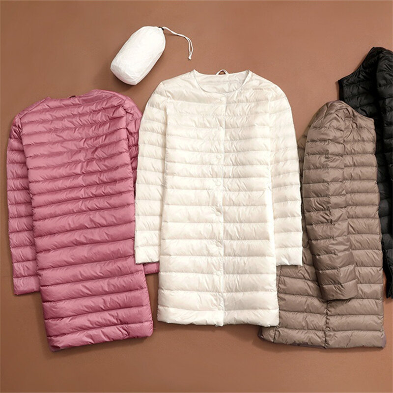 Женское однобортное пальто-пуховик средней длины, теплая куртка на белом утином пуху, Осень-зима 2023