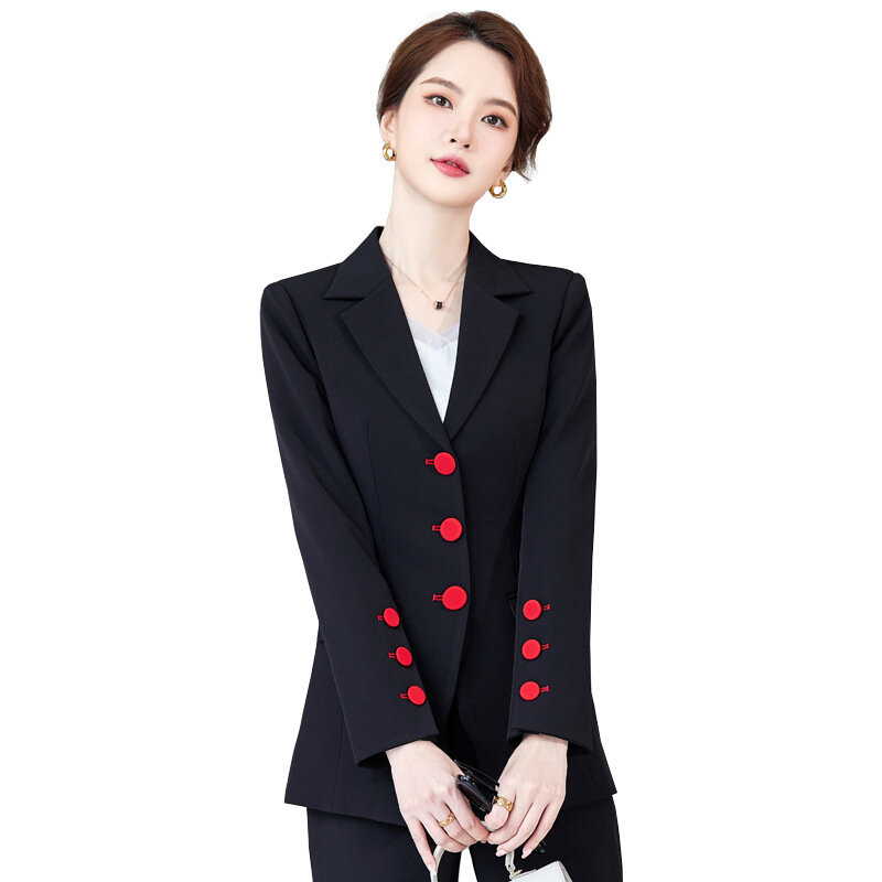 Damski butikowy garnitur z długim rękawem menadżer nosi czarny formalna odzież morelowy raport z pracy podczas rozmowy kwalifikacyjnej