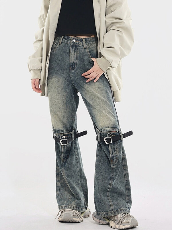 Американские ретро состаренные женские джинсы с высокой талией и поясом, повседневные свободные женские джинсы, узкие модные уличные брюки, женские брюки Chicly