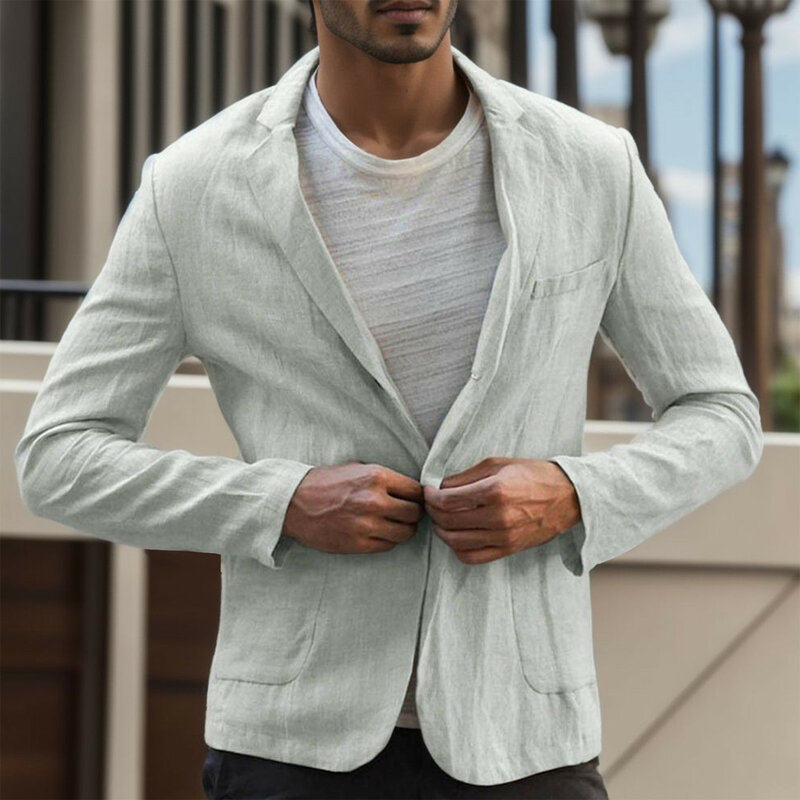 Jaket jas pria lengan panjang, mantel Pria pas badan satu kancing, jaket Linen imitasi lengan panjang tipis warna Solid dengan saku