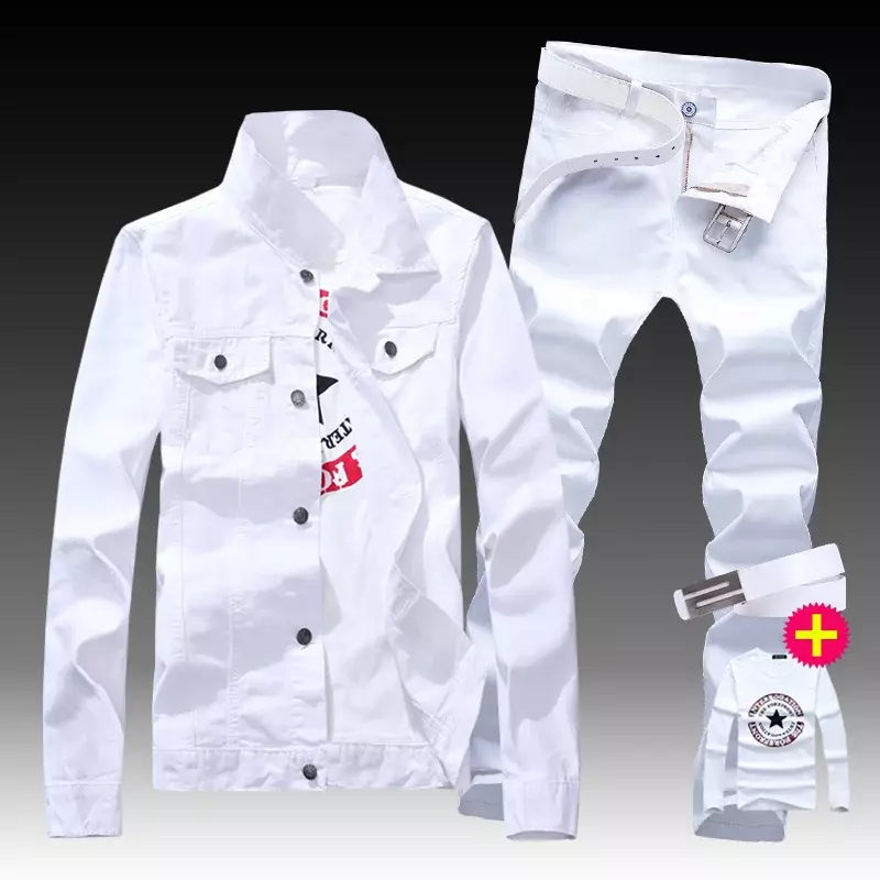 New Men's Denim Jacket Pants 2pcs Set Single Breasted Holes Casual Coat Trousers Slim Fit Cool Boys Jackets