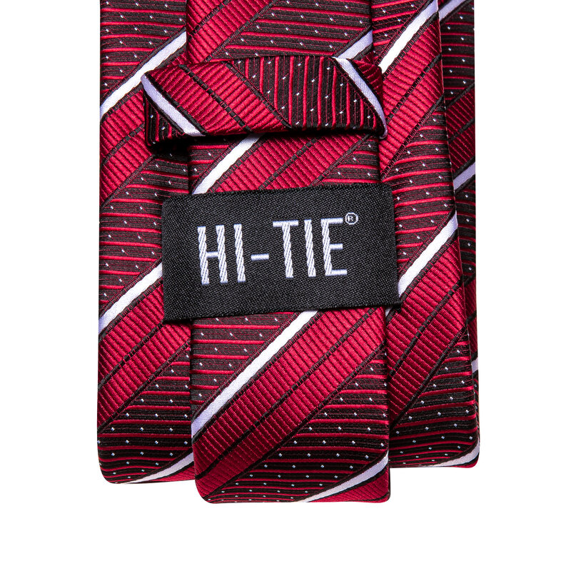 Hi-Tie Designer Striped Red White Elegant Tie for Men Fashion Brand Wedding Party Necktie Handky Cufflink Wholesale Business