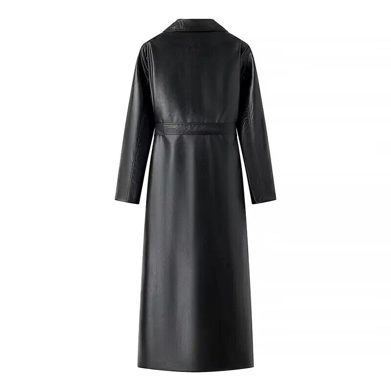 Casaco longo de couro PU preto feminino, jaqueta lapela com cinto removível, roupas plus size, imitação acima do joelho