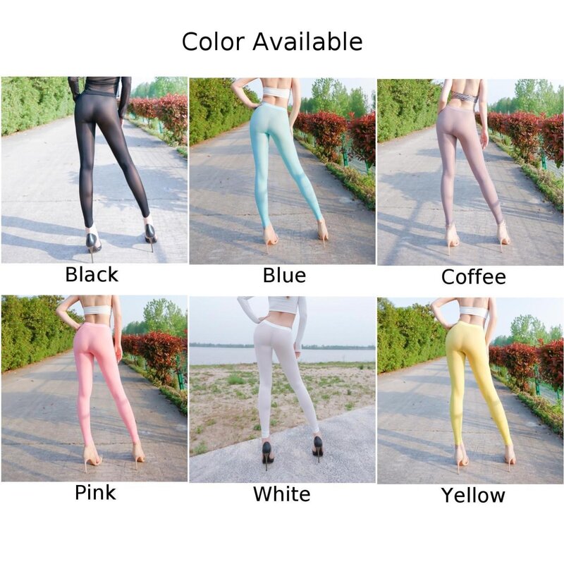 Leggings trasparenti setosi da donna Sexy tinta unita Color caramella alta elastico trasparente pantaloni Skinny ultrasottili Leggings abbigliamento femminile