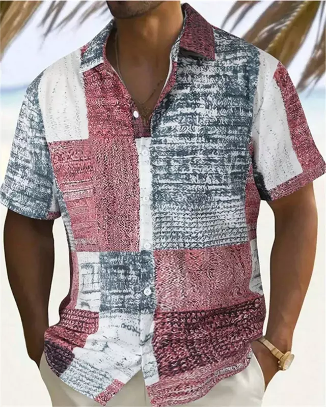 남성용 컬러 블록 3D 프린트 단추 다운 라펠 반팔 셔츠, 라지 사이즈 5XL 하이 퀄리티 하와이안 비치 셔츠 탑, 2024