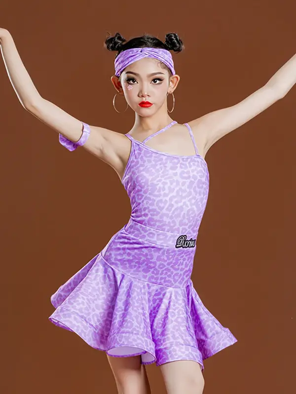 Vestido de dança latina infantil, tops de manga comprida e saia feminina, fantasia de tango, performance de cha cha cha e rumba, roupas dançantes roxas e rosa para meninas