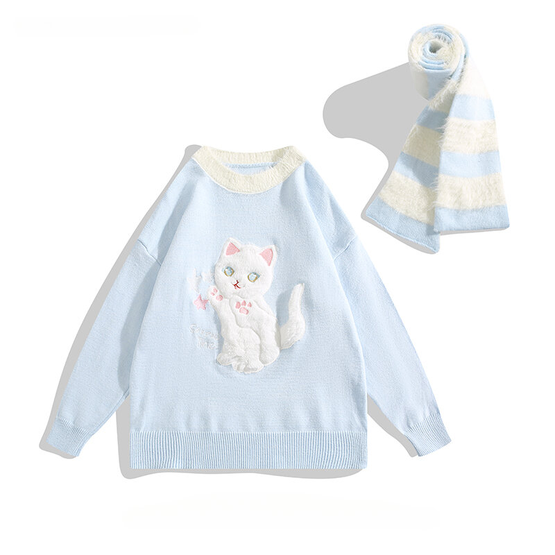 Jesienno-zimowe japońska kreskówka swetry dla kotów z szalikiem dla mężczyzn/kobiet Streetwear luźne ciepłe dzianinowe swetry bluzki dla par