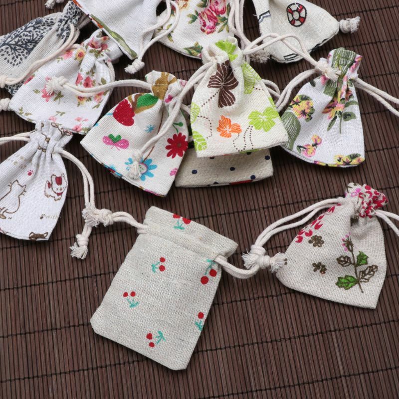Flower Drawstring Burlap Gift Bag Candy Pouches Linen Pockets for Valentine's Day Wedding Easter Christmas Halloween